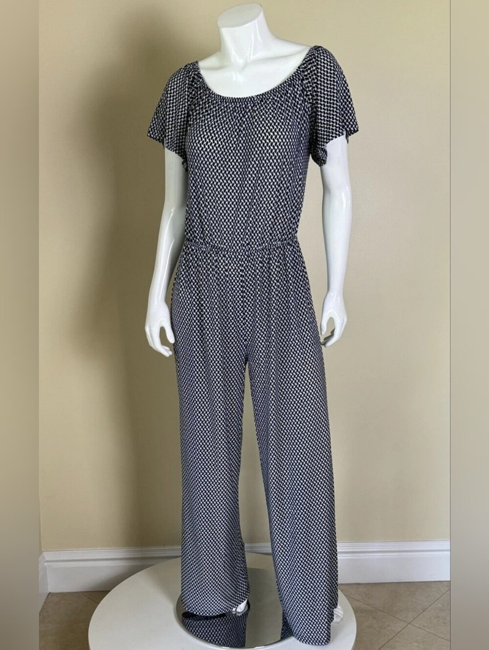 Exist | Navy Blue and White Geometric Off Shoulder Jumpsuit